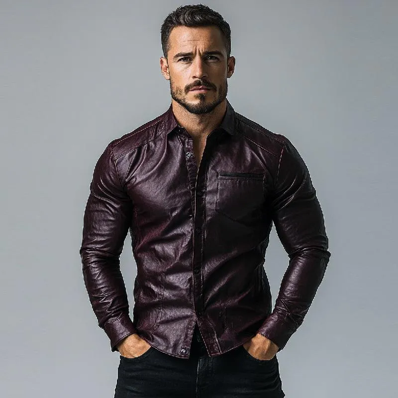 Mens Fashion Single Breasted Slim Fit Long Sleeve Leather Shirt 12449813Y sold by Manly product image thumbnail 3