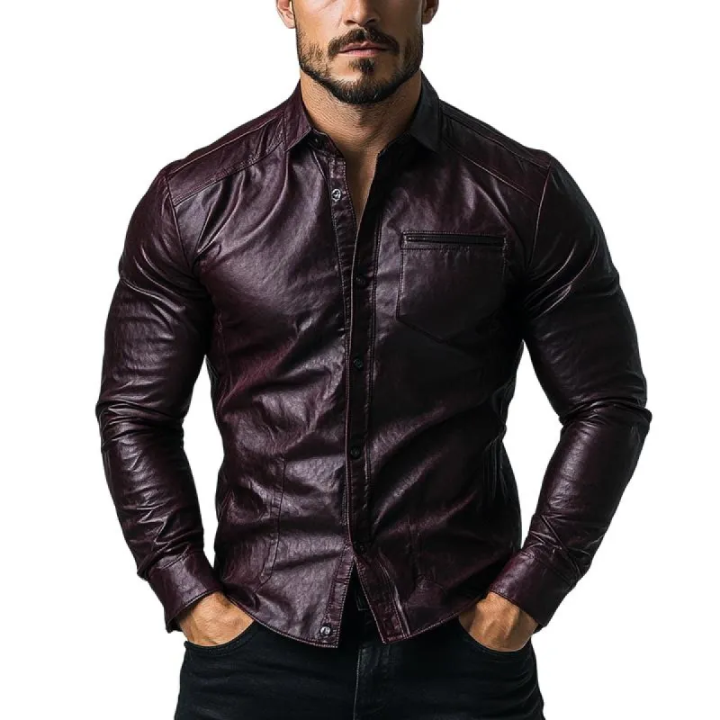 Mens Fashion Single Breasted Slim Fit Long Sleeve Leather Shirt 12449813Y sold by Manly