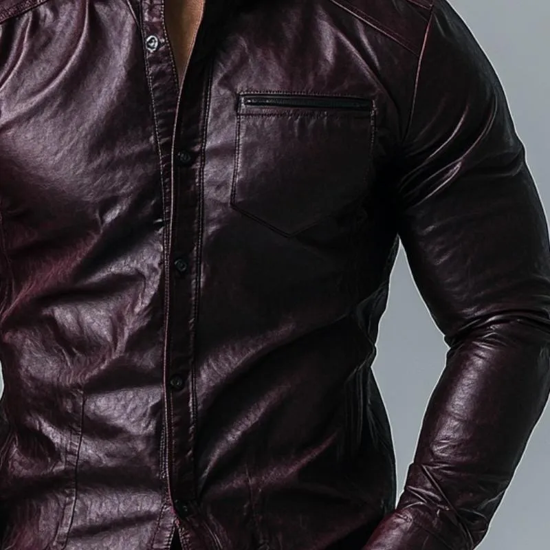 Mens Fashion Single Breasted Slim Fit Long Sleeve Leather Shirt 12449813Y sold by Manly product image thumbnail 2