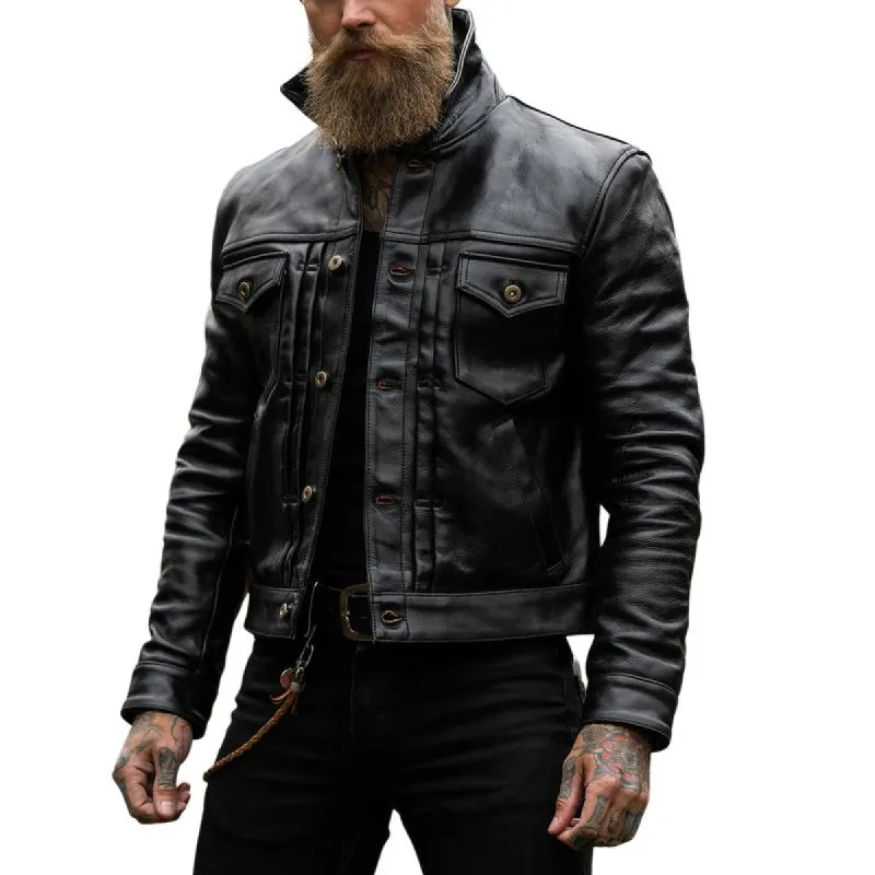 Men's Fashion Vintage Double Chest Pocket Short Leather Jacket 28134884Y sold by Manly