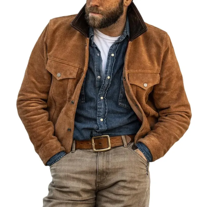 Men's Retro Fashion Suede Stitching Leather Collar Short Jacket 27743453Y sold by Manly