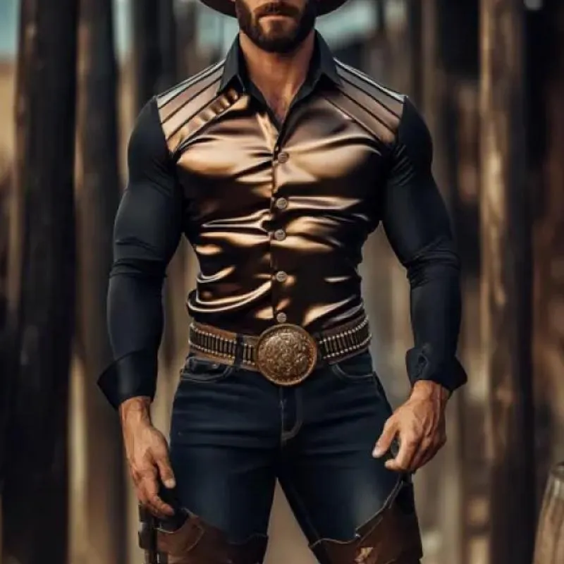 Men's Western Vintage Satin Patchwork Slim Fit Long Sleeve Shirt 41145180Y sold by Manly product image thumbnail 2