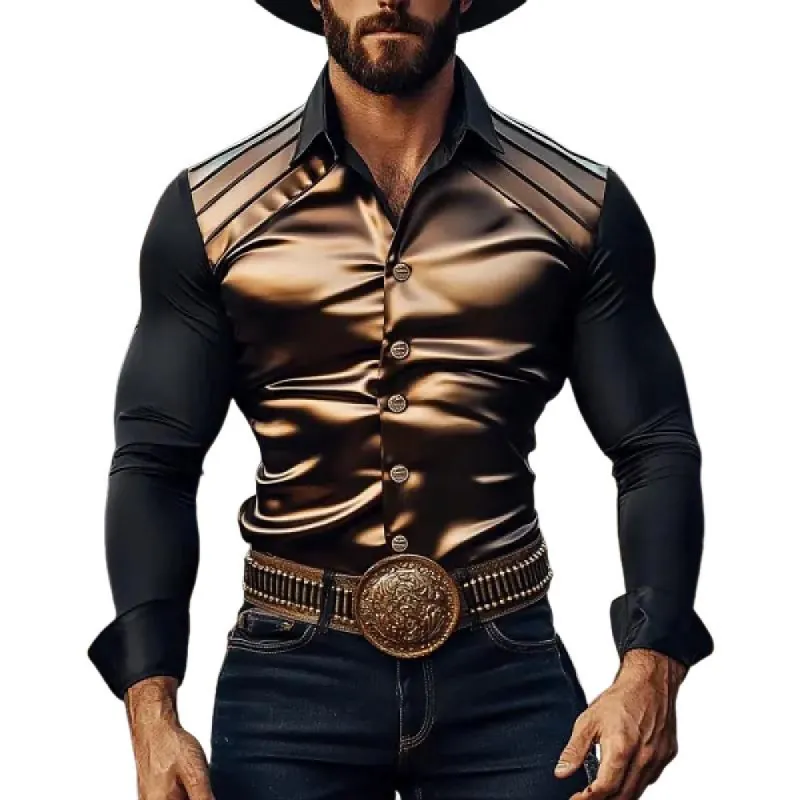 Men's Western Vintage Satin Patchwork Slim Fit Long Sleeve Shirt 41145180Y sold by Manly