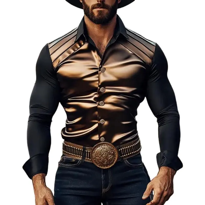 Men's Western Vintage Satin Patchwork Slim Fit Long Sleeve Shirt 41145180Y sold by Manly