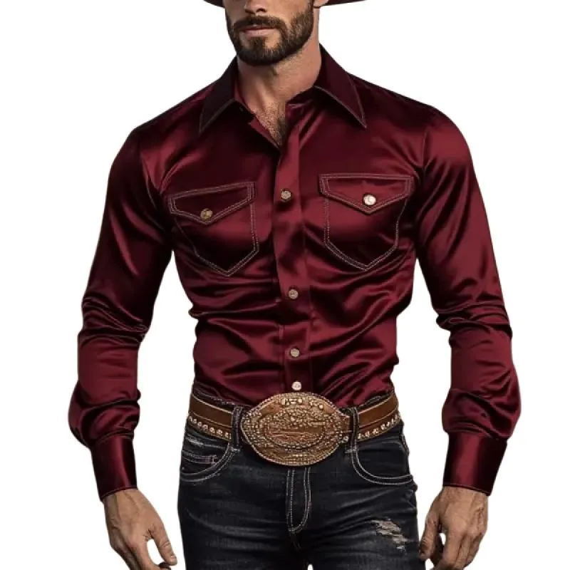 Men's Western Vintage Satin Double Chest Pocket Slim Fit Long Sleeve Shirt 02722866Y sold by Manly