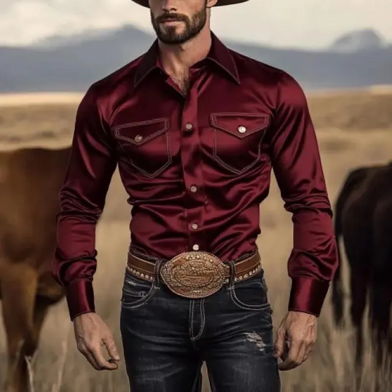 Men's Western Vintage Satin Double Chest Pocket Slim Fit Long Sleeve Shirt 02722866Y sold by Manly product image thumbnail 3