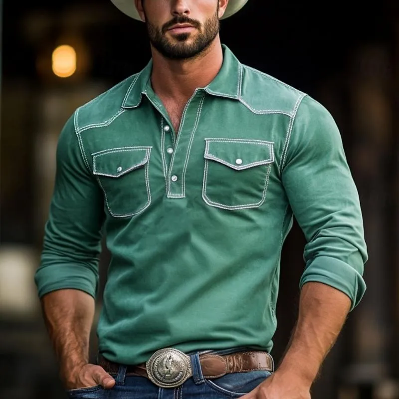 Men's Fashion Suede Western Style Slim Fit Long Sleeve Polo Shirt 07212582Y sold by Manly product image thumbnail 3