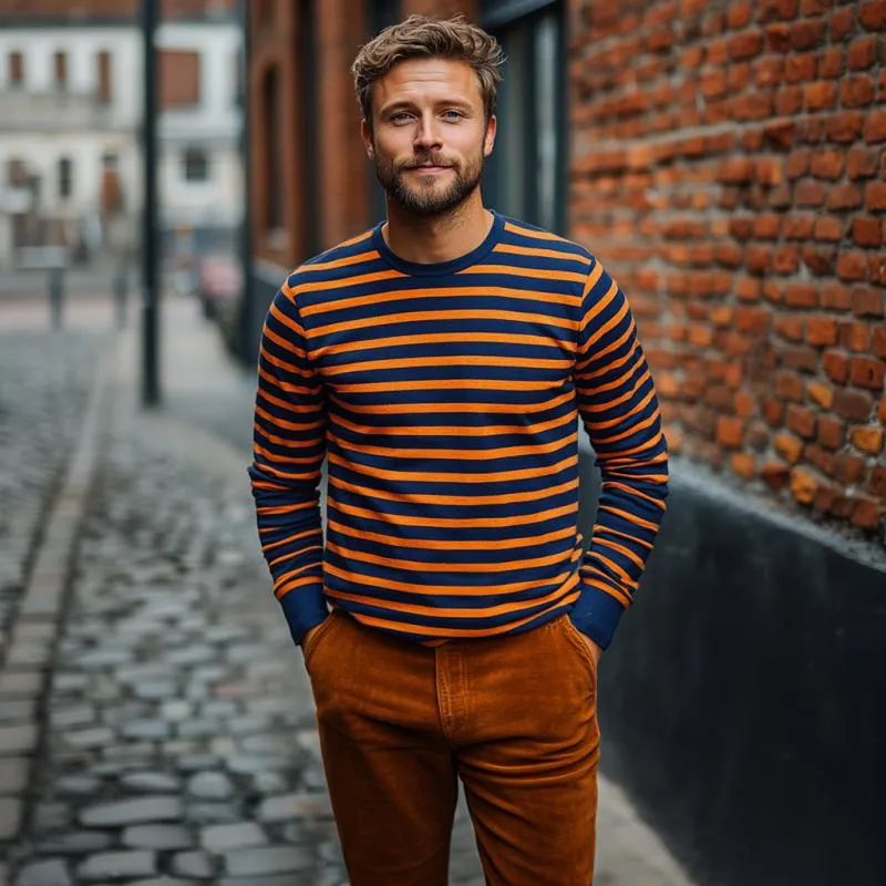 Men's Classic Casual Round Neck Horizontal Striped Cotton Long-sleeved T-shirt 82630494K sold by Manly product image thumbnail 3