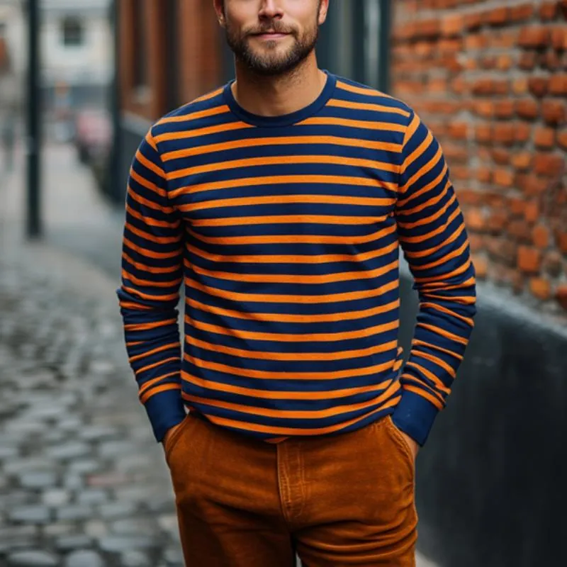 Men's Classic Casual Round Neck Horizontal Striped Cotton Long-sleeved T-shirt 82630494K sold by Manly product image thumbnail 2