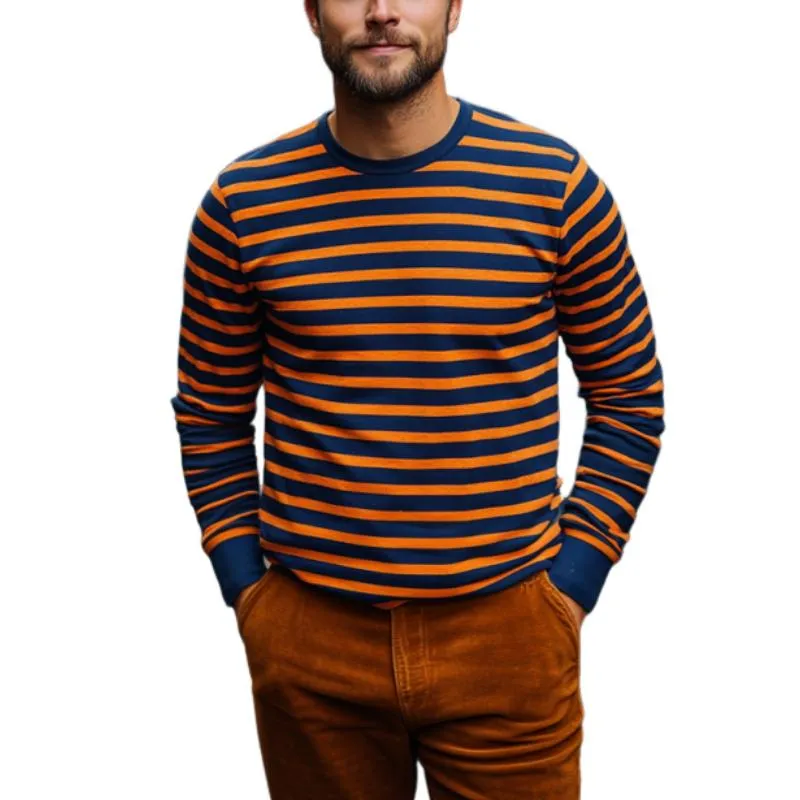 Men's Classic Casual Round Neck Horizontal Striped Cotton Long-sleeved T-shirt 82630494K sold by Manly