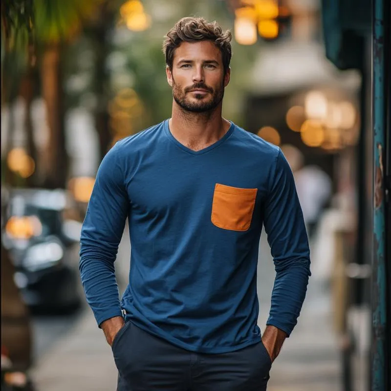 Men's Classic Casual V-Neck Cotton Long Sleeve T-Shirt 69026161K sold by Manly product image thumbnail 3