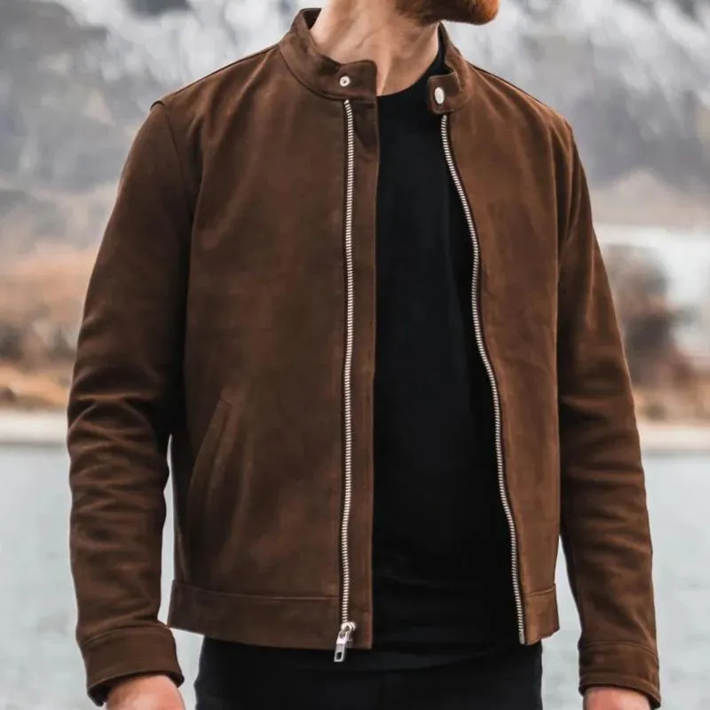 Men's Solid Color Suede Stand Collar Zipper Jacket 14213264Z sold by Manly product image thumbnail 3