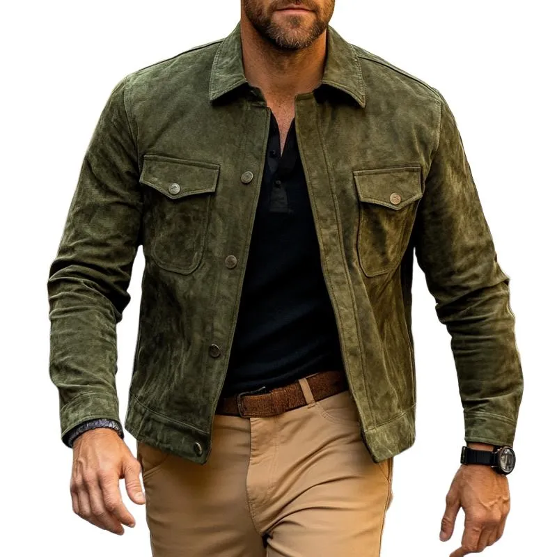 Men's Solid Color Suede Lapel Single Breasted Jacket 55319113Z sold by Manly