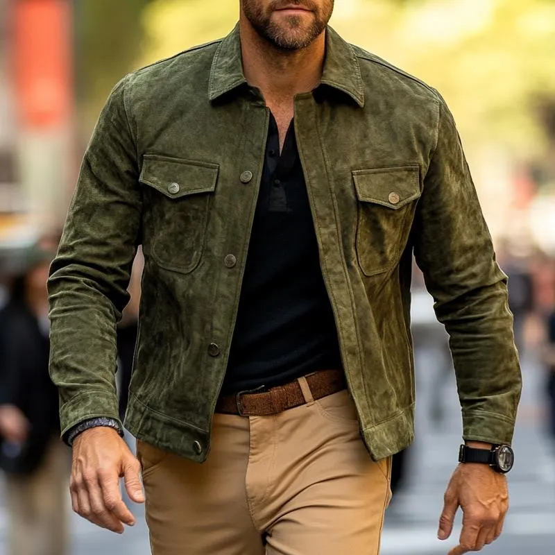 Men's Solid Color Suede Lapel Single Breasted Jacket 55319113Z sold by Manly product image thumbnail 2