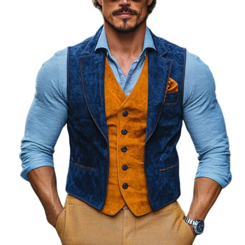 Men's Classic Casual Contrast Color Fake Two-Piece Suede Vest 24412657K sold by Manly
