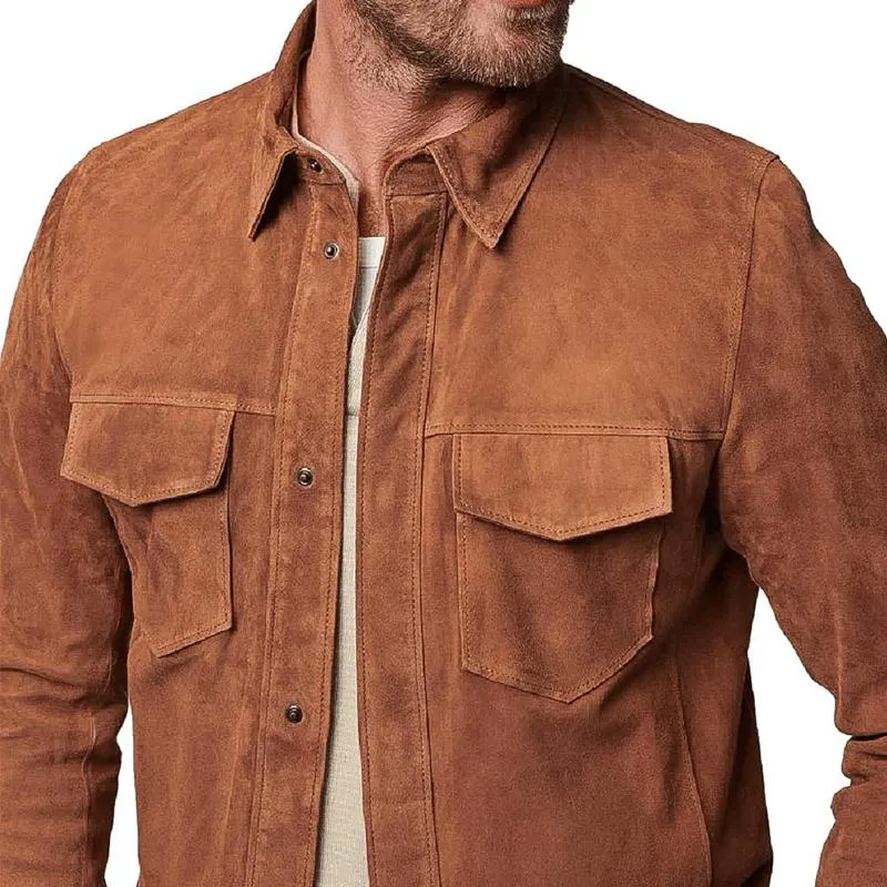 Men's Solid Color Suede Lapel Single Breasted Shirt Jacket 07952239Z sold by Manly product image thumbnail 4