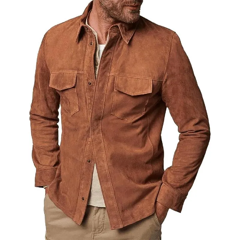 Men's Solid Color Suede Lapel Single Breasted Shirt Jacket 07952239Z sold by Manly