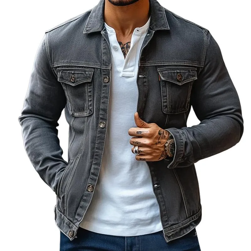 Men's Fashion Lapel Chest Pocket Single Breasted Denim Jacket 81942737Z sold by Manly