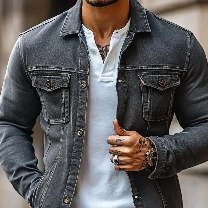 Men's Fashion Lapel Chest Pocket Single Breasted Denim Jacket 81942737Z sold by Manly product image thumbnail 3