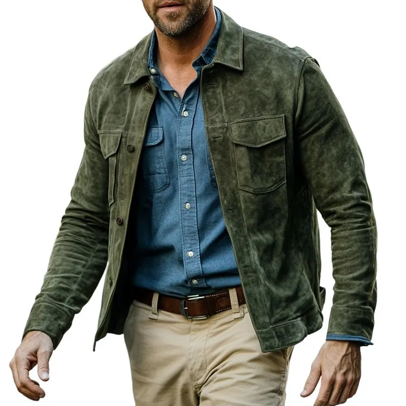 Men's Solid Color Suede Lapel Single Breasted Jacket 08421541Z sold by Manly