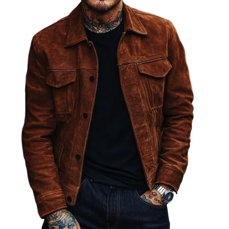Men's Solid Color Suede Lapel Single Breasted Jacket 77453293Z sold by Manly