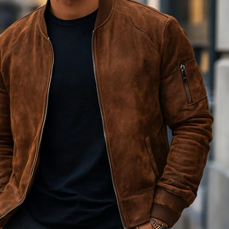 Men's Solid Color Suede Stand Collar Zipper Jacket 22216887Z sold by Manly product image thumbnail 3