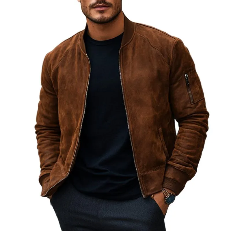 Men's Solid Color Suede Stand Collar Zipper Jacket 22216887Z sold by Manly