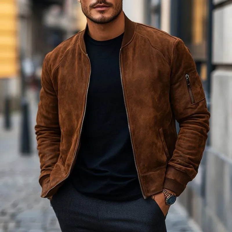 Men's Solid Color Suede Stand Collar Zipper Jacket 22216887Z sold by Manly product image thumbnail 2