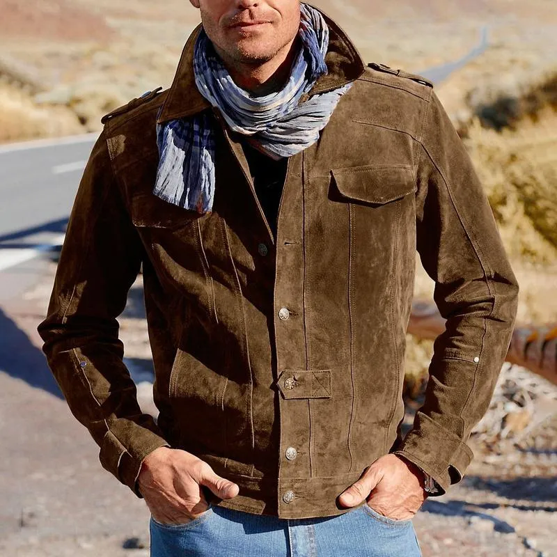 Men's Solid Color Suede Lapel Single Breasted Jacket 62649732Z sold by Manly product image thumbnail 2