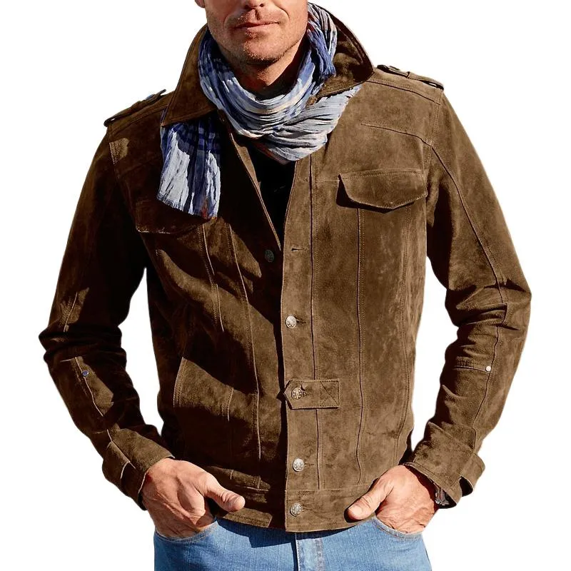 Men's Solid Color Suede Lapel Single Breasted Jacket 62649732Z sold by Manly