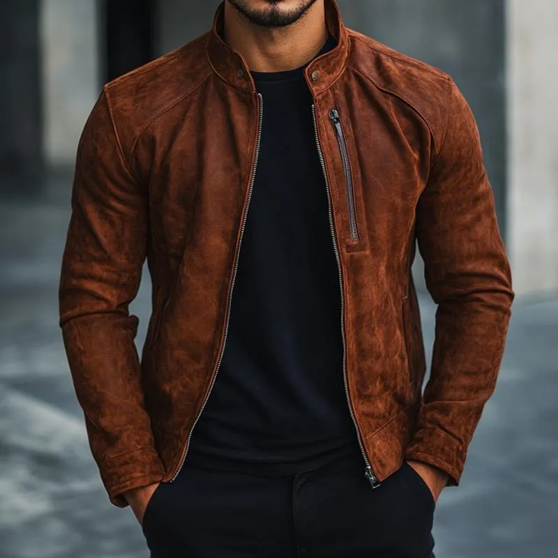 Men's Solid Color Suede Stand Collar Zipper Jacket 21868101Z sold by Manly product image thumbnail 2