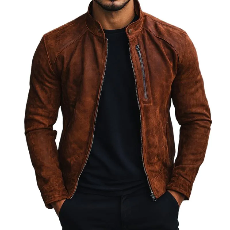 Men's Solid Color Suede Stand Collar Zipper Jacket 21868101Z sold by Manly