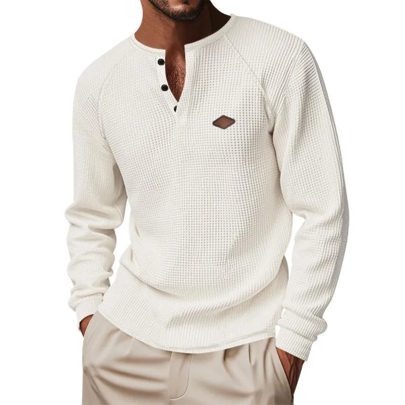 Men's Solid Waffle Henley Neck Long Sleeve T-Shirt 32241845X sold by Manly