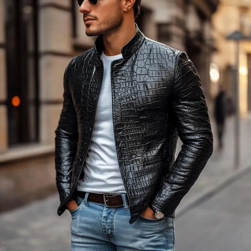 Men's Fashion Crocodile Leather Stand Collar Single Breasted Slim Fit Jacket 22007630M sold by Manly product image thumbnail 3