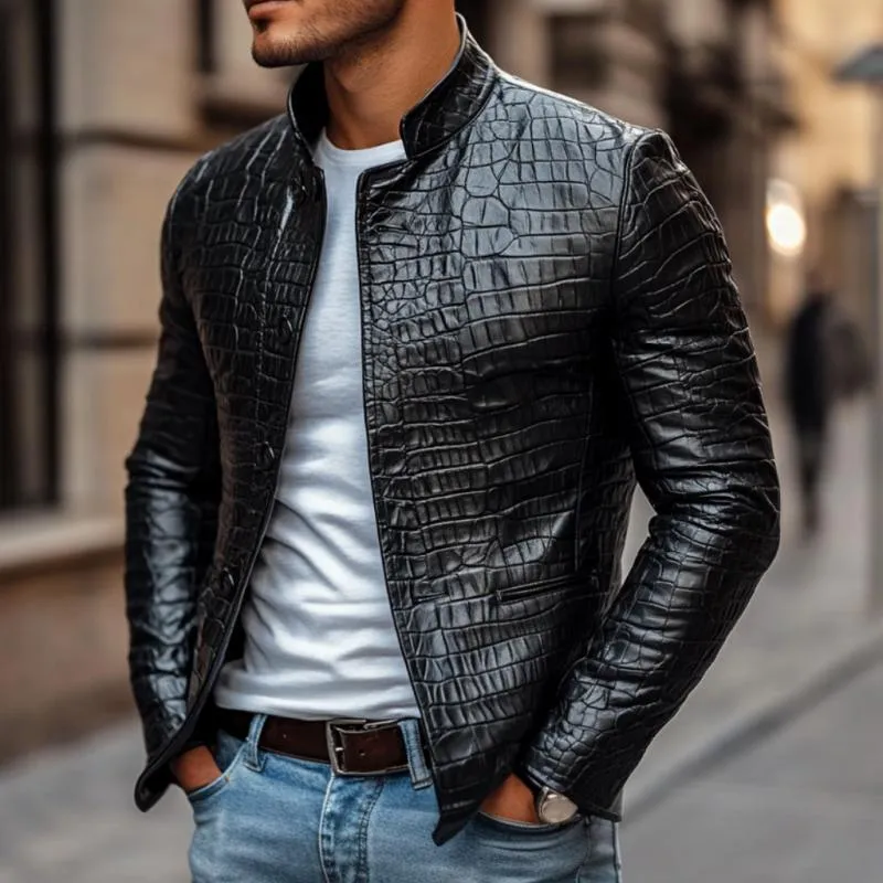 Men's Fashion Crocodile Leather Stand Collar Single Breasted Slim Fit Jacket 22007630M sold by Manly product image thumbnail 2