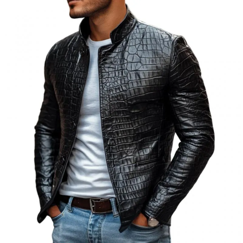 Men's Fashion Crocodile Leather Stand Collar Single Breasted Slim Fit Jacket 22007630M sold by Manly