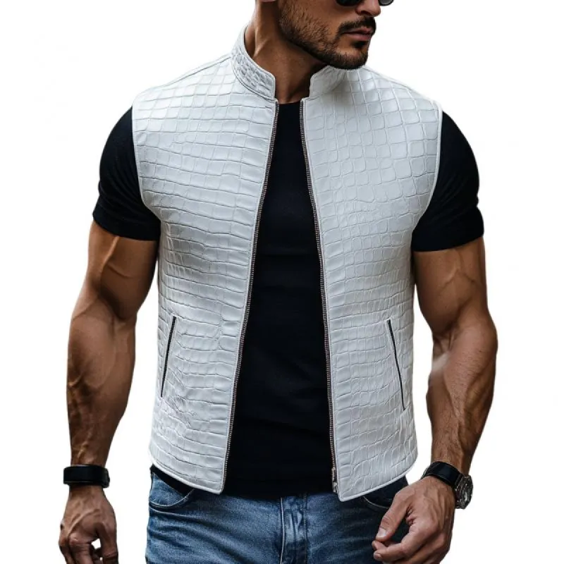 Men's Fashion Crocodile Grain Leather Stand Collar Zipper Slim Fit Vest 00540143M sold by Manly