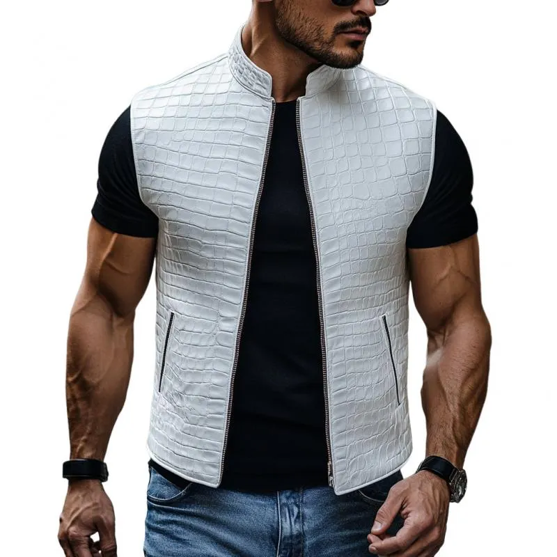 Men's Fashion Crocodile Grain Leather Stand Collar Zipper Slim Fit Vest 00540143M sold by Manly