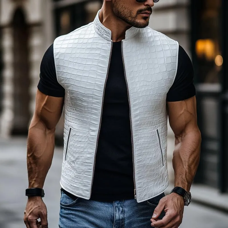 Men's Fashion Crocodile Grain Leather Stand Collar Zipper Slim Fit Vest 00540143M sold by Manly product image thumbnail 2