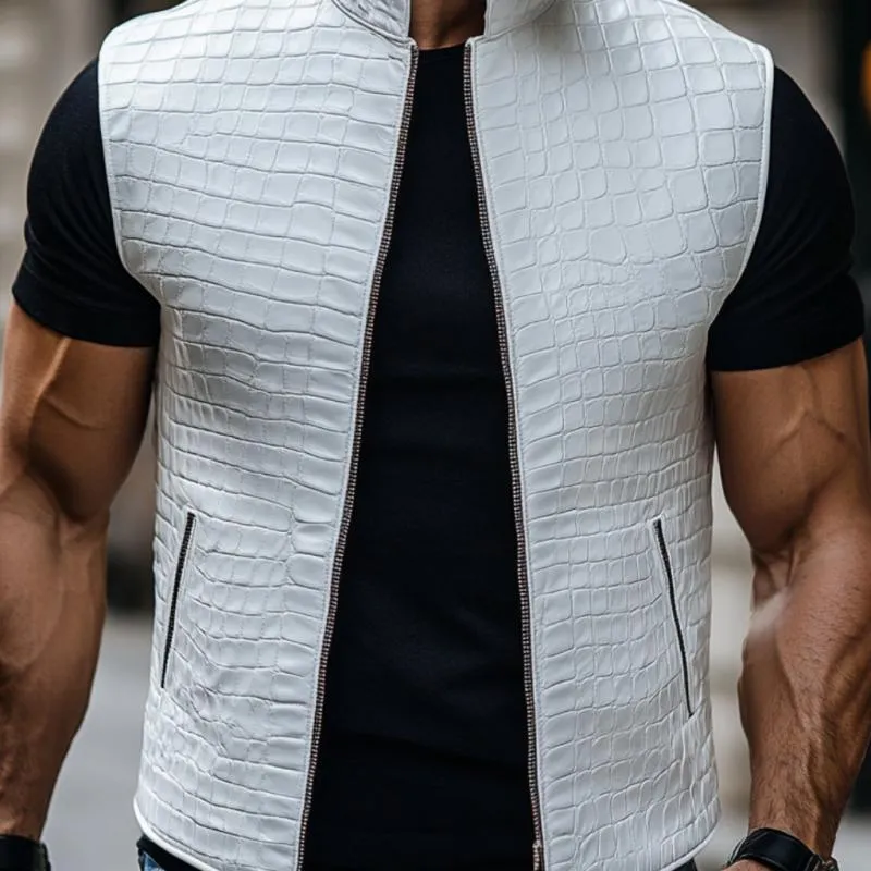 Men's Fashion Crocodile Grain Leather Stand Collar Zipper Slim Fit Vest 00540143M sold by Manly product image thumbnail 3