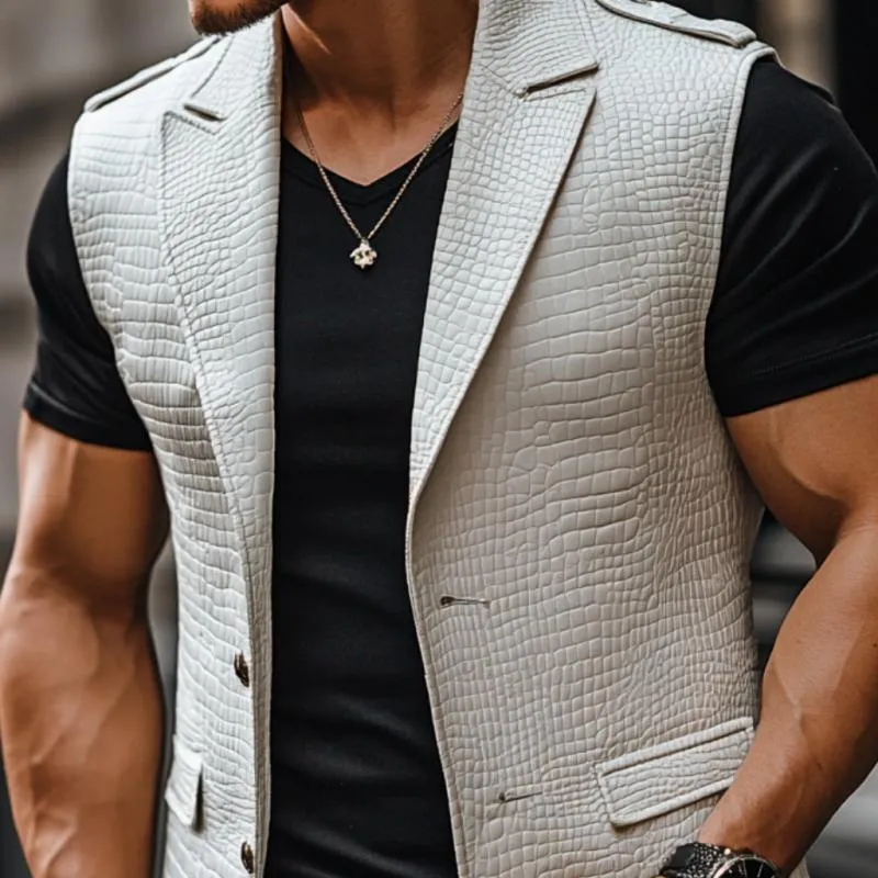 Men's Fashion Crocodile Leather Peaked Lapel Single Breasted Slim Fit Vest 84236519M sold by Manly product image thumbnail 3