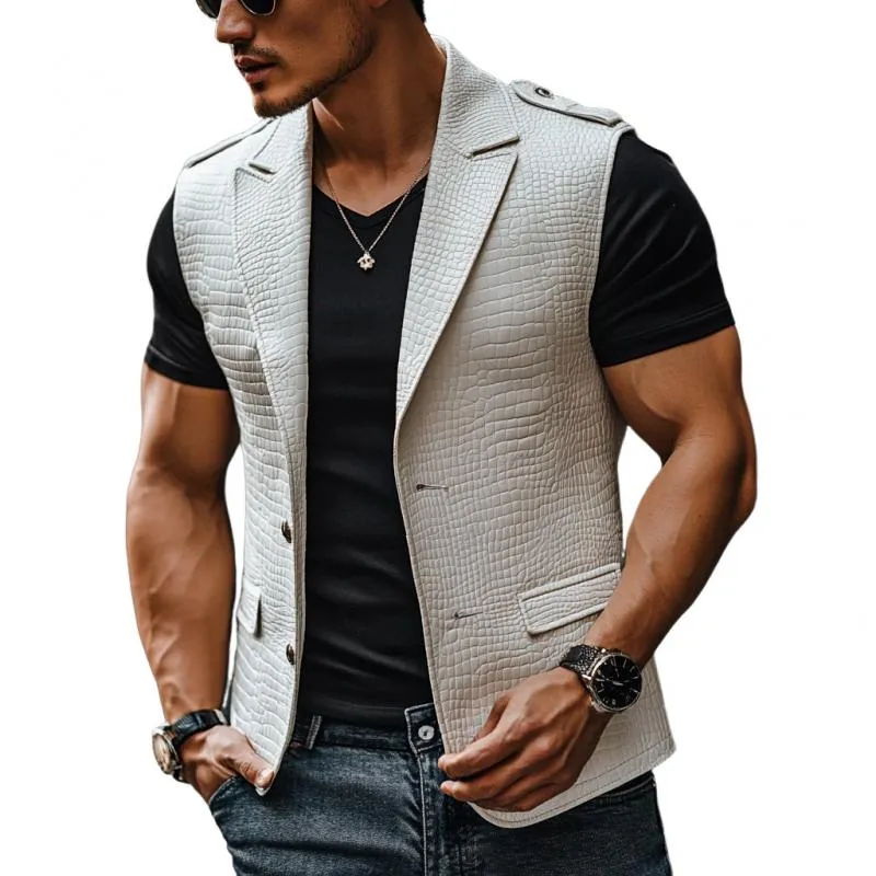 Men's Fashion Crocodile Leather Peaked Lapel Single Breasted Slim Fit Vest 84236519M sold by Manly