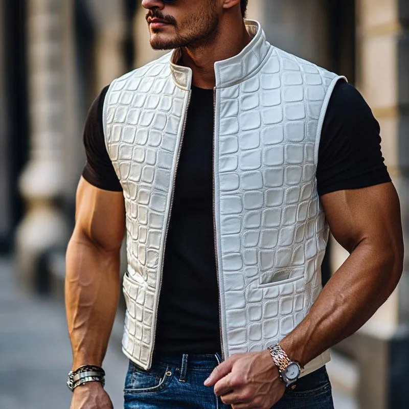 Men's Fashion 3D Leather Stand Collar Zipper Slim Fit Vest 78371754M sold by Manly product image thumbnail 2