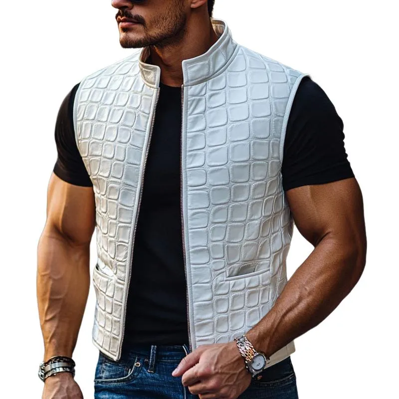 Men's Fashion 3D Leather Stand Collar Zipper Slim Fit Vest 78371754M sold by Manly