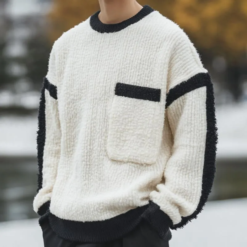 Men's Casual Colorblock Round Neck Patch Pocket Loose Knit Sweater 39108260M sold by Manly product image thumbnail 2