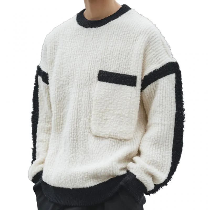 Men's Casual Colorblock Round Neck Patch Pocket Loose Knit Sweater 39108260M sold by Manly