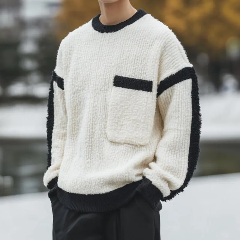 Men's Casual Colorblock Round Neck Patch Pocket Loose Knit Sweater 39108260M sold by Manly product image thumbnail 3