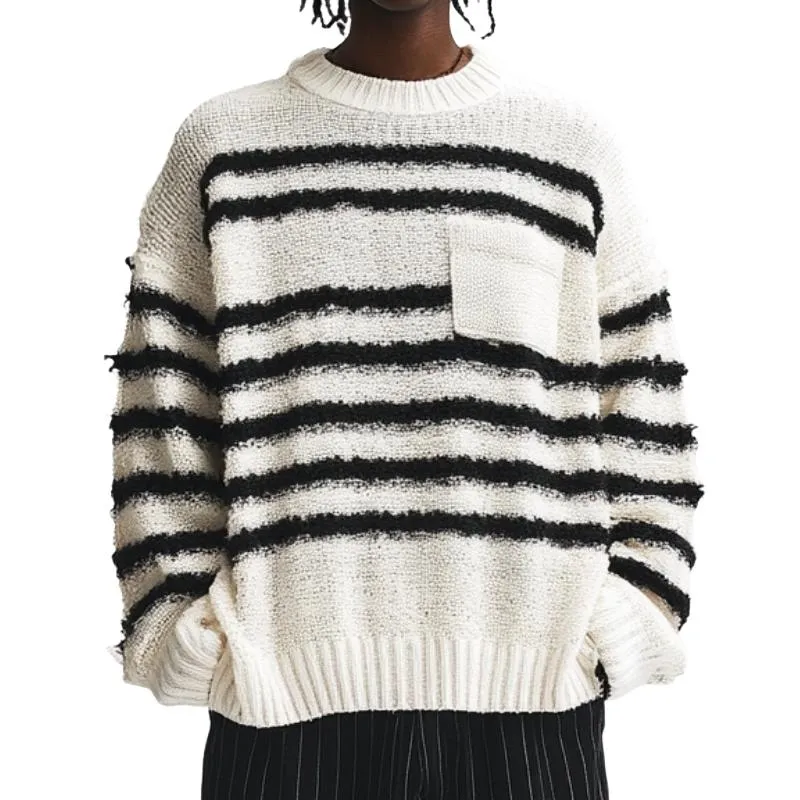 Men's Casual Colorblock Striped Round Neck Patch Pocket Loose Knit Sweater 87813549M sold by Manly