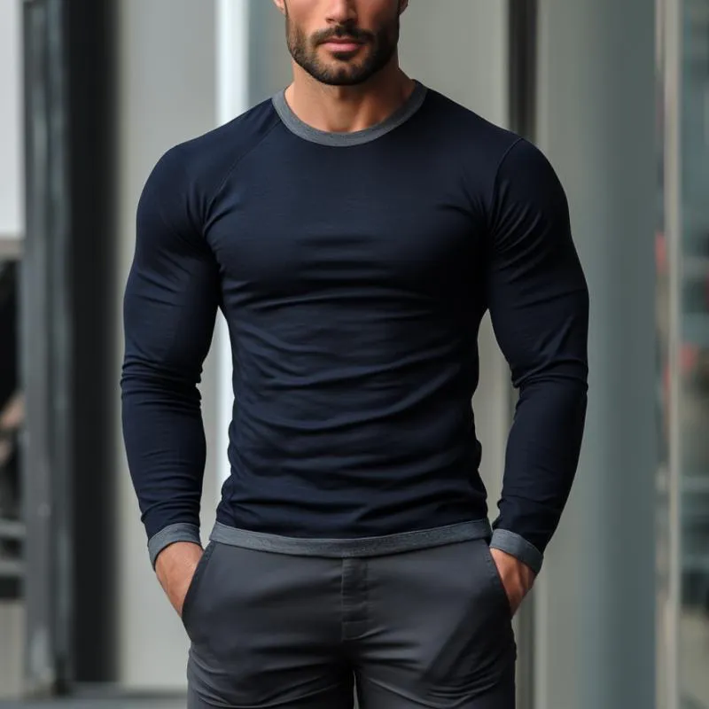 Men's Casual Colorblock Patchwork Round Neck Tight Long Sleeve T-shirt 66213888M sold by Manly product image thumbnail 3