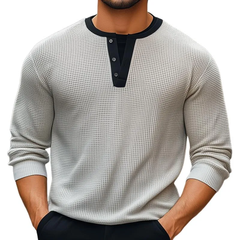 Men's Colorblock Waffle Henley Collar Long Sleeve T-shirt 58730011Z sold by Manly